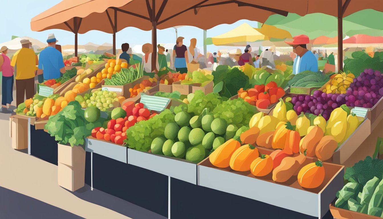 A vibrant display of colorful, fresh fruits and vegetables at a bustling farmers market