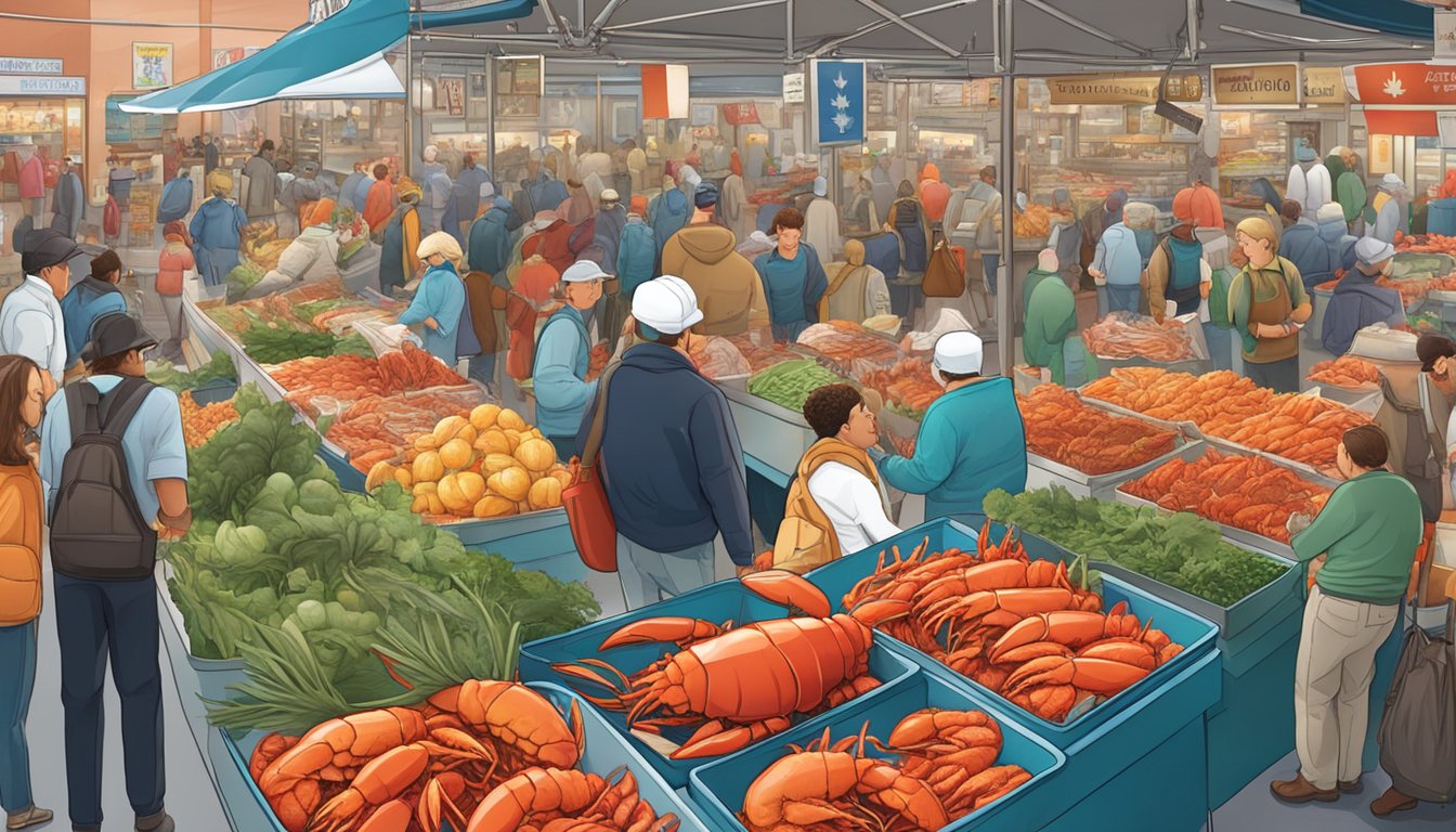 A bustling seafood market with a display of fresh Canadian Lobster on ice, surrounded by vibrant produce and busy shoppers