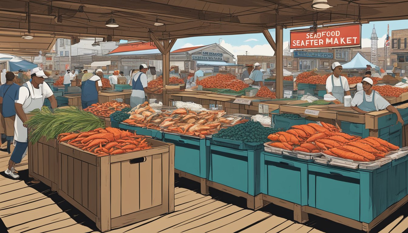 A bustling seafood market with lobster rolls on display, surrounded by crates of fresh seafood and a sign for Red Hook Lobster Pound