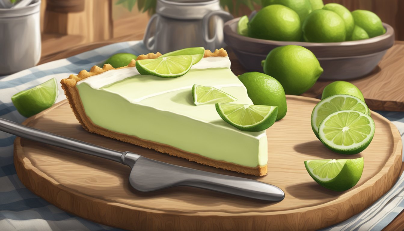 A mouthwatering slice of Edwards Key Lime Pie displayed on a rustic wooden table in a cozy grocery store setting