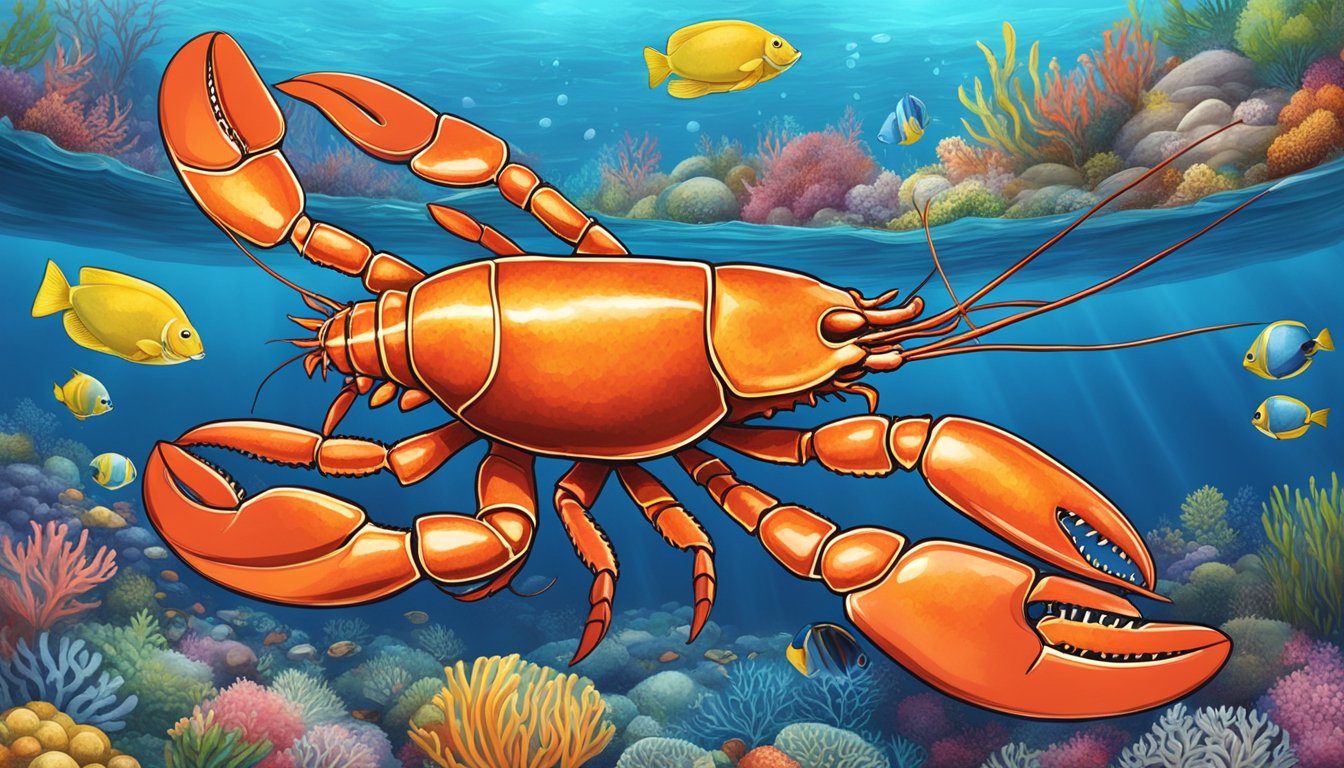 A pristine ocean with clear blue water and colorful marine life, showcasing the sustainable and eco-friendly process of harvesting premium lobster for top grocery stores