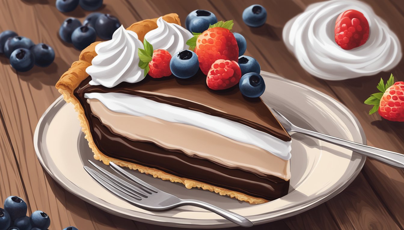 A slice of Trader Joe's French Silk Pie sits on a rustic wooden table surrounded by fresh berries and a dollop of whipped cream