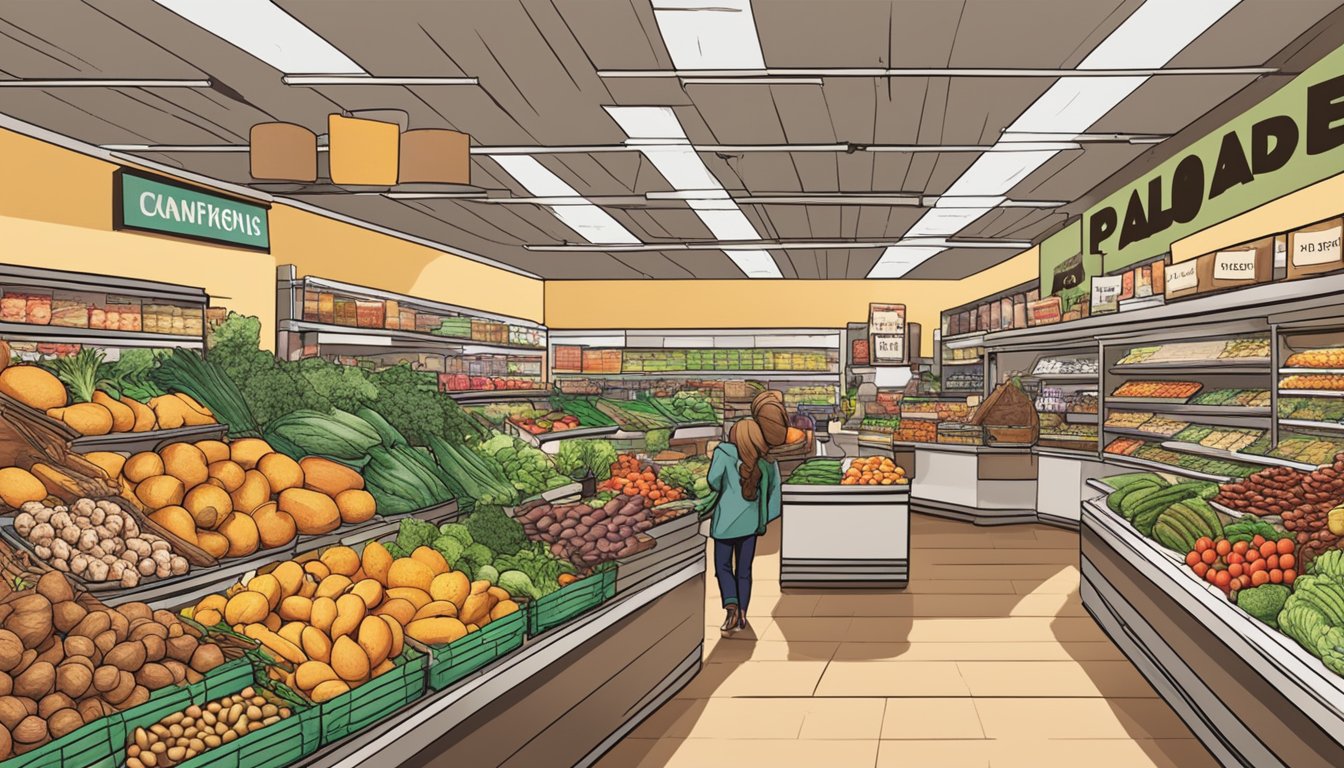 A bustling grocery store aisle filled with fresh produce, nuts, and lean meats. A sign overhead reads "Paleo Paradise" as shoppers browse the selection