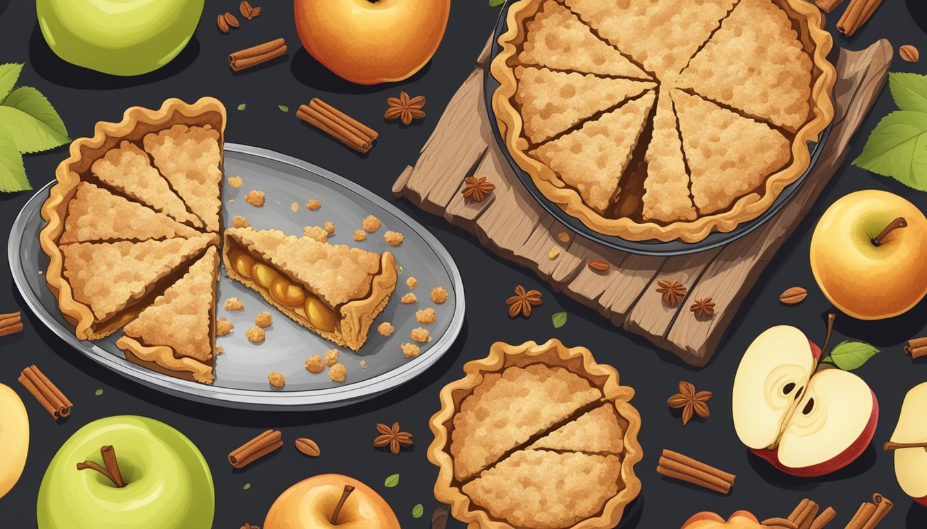 A golden-brown Apple Crumb Pie sits on a rustic wooden table, surrounded by fresh apples and a scattering of cinnamon