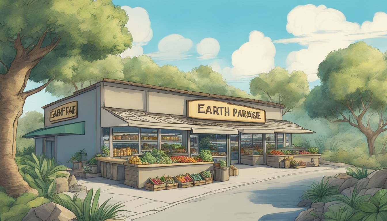 A prehistoric landscape with lush vegetation and a clear blue sky, featuring a stone age-inspired grocery store with a sign reading "Earth Fare Paleo Paradise."