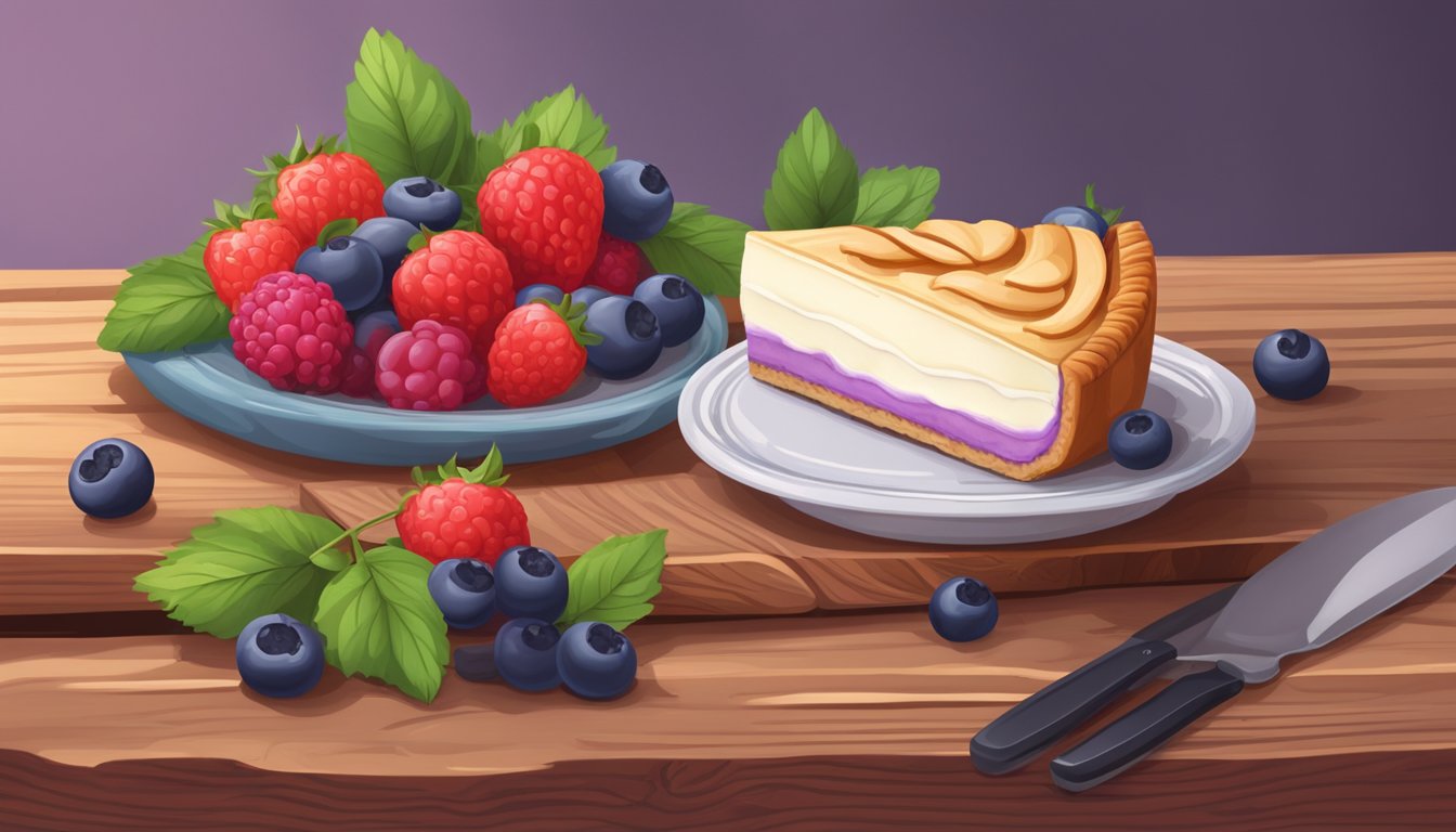 A slice of Berry Chantilly Pie on a rustic wooden table in a cozy, well-stocked grocery store