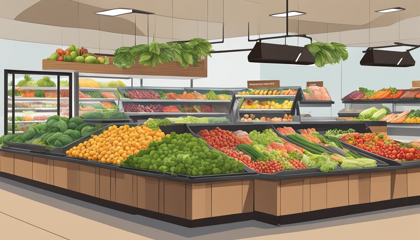 A variety of fresh fruits, vegetables, and lean meats are neatly displayed in the PCC Community Markets paleo paradise