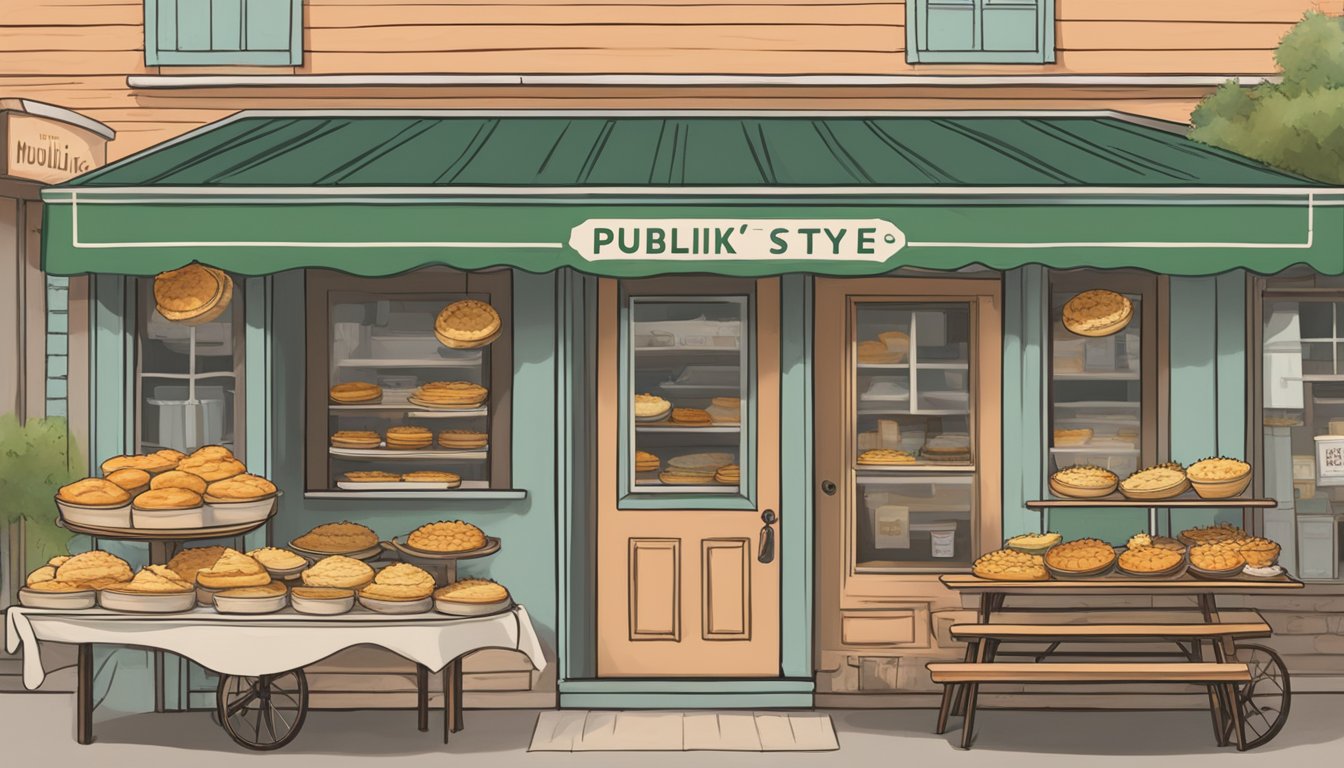 A rustic pie shop with a sign reading "Publix's Southern Style Peach Cobbler" and a display of mouthwatering pies