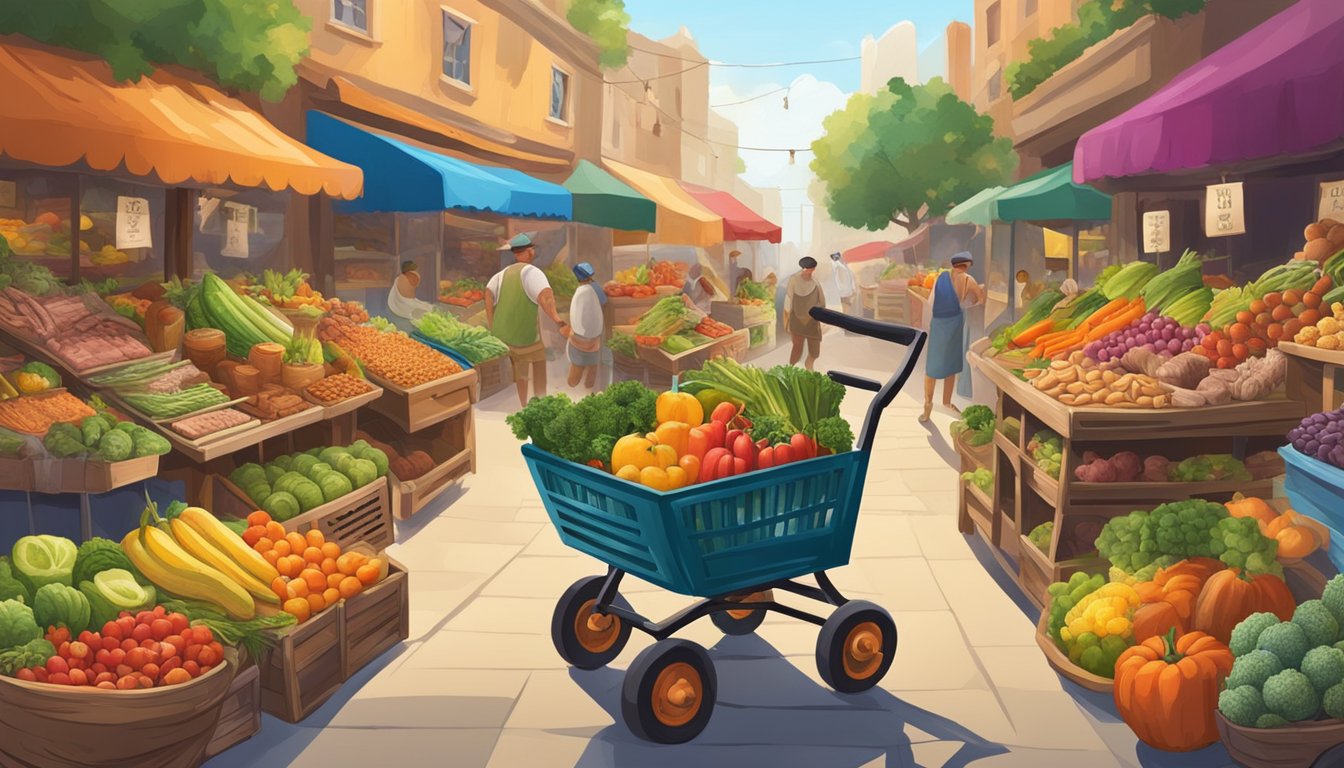 A caveman pushing a cart filled with fresh produce, meat, and nuts through a vibrant market filled with colorful displays of paleo-friendly foods