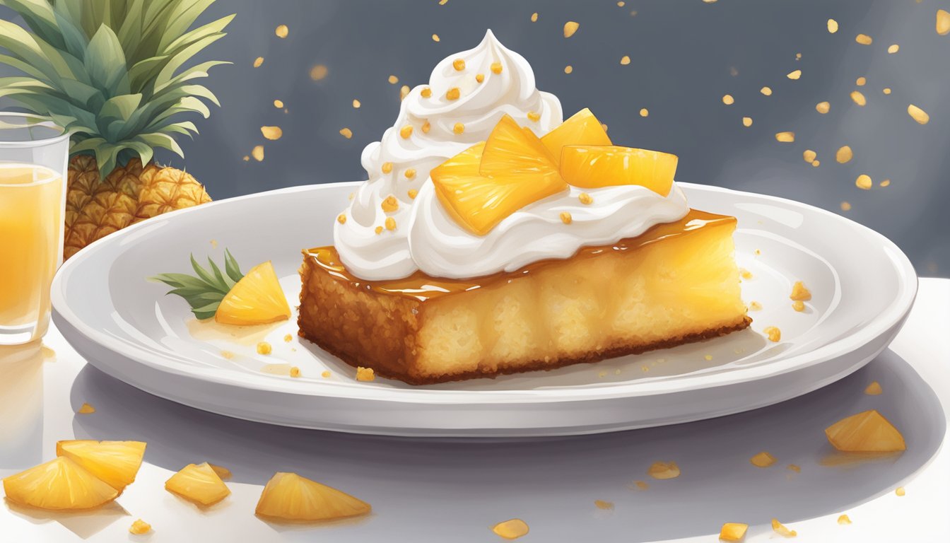 A slice of Safeway's Pineapple Upside Down Cake sits on a white porcelain plate, surrounded by a dollop of whipped cream and a sprinkling of caramelized pineapple