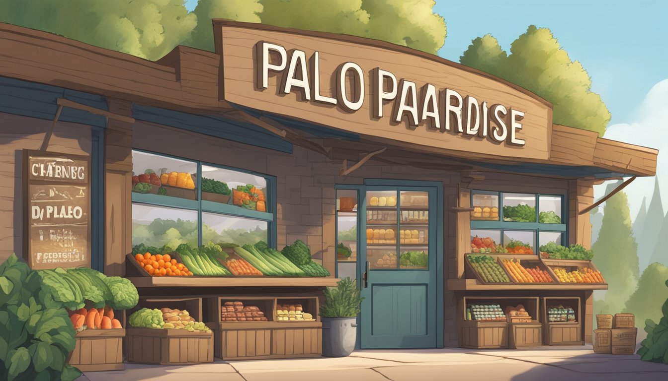 A prehistoric-themed grocery store with shelves stocked with fresh produce, meats, and nuts. A large sign above the entrance reads "Paleo Paradise."