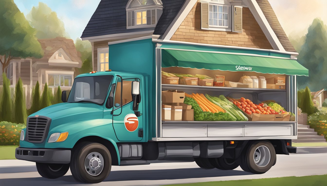 A Safeway delivery truck parked outside a cozy home, with groceries being unloaded onto the doorstep by a delivery person