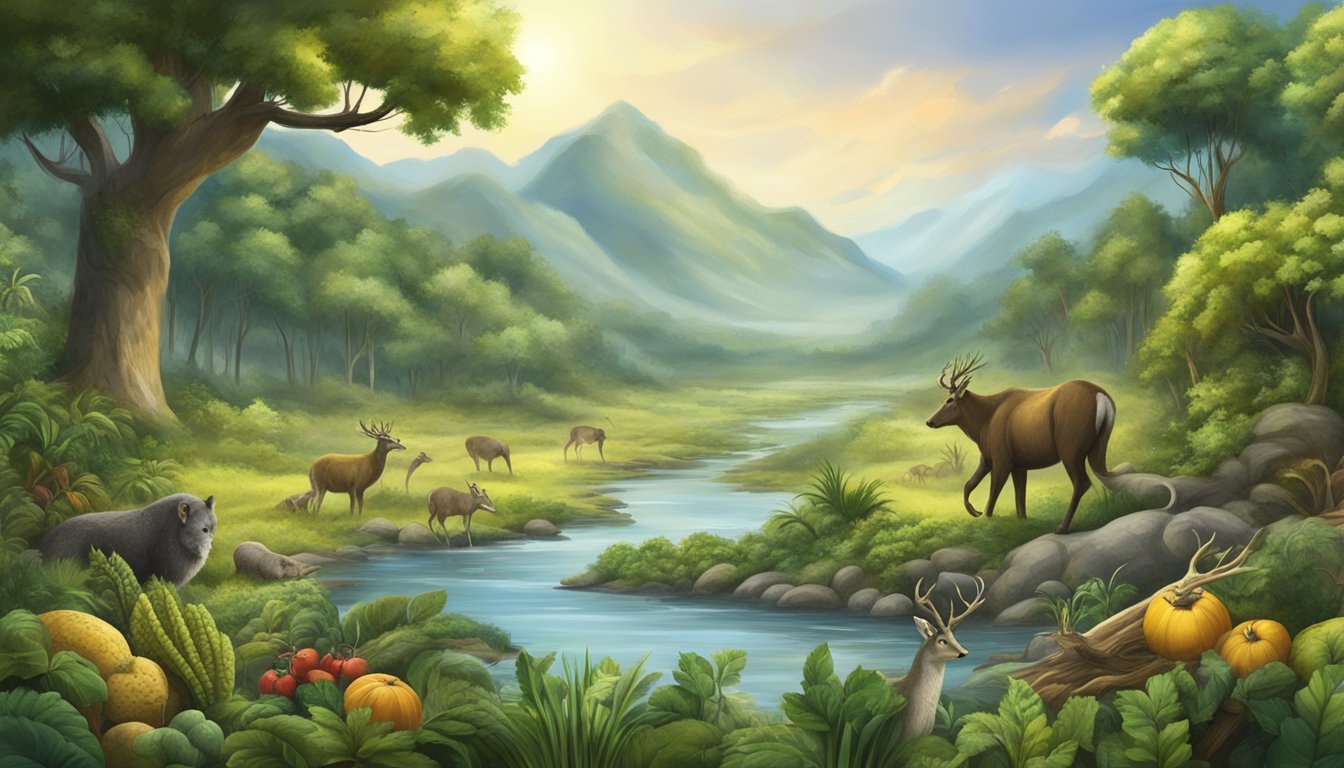 A prehistoric landscape with a lush forest, a flowing river, and a variety of wild game and foraged fruits and vegetables