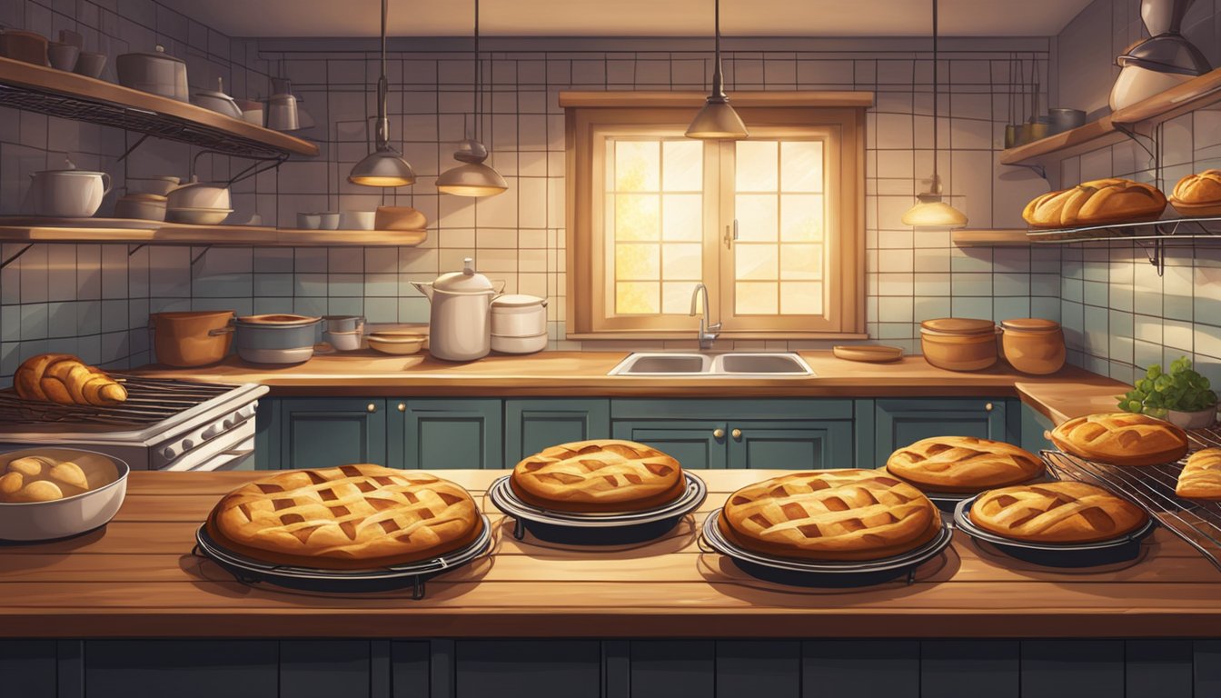 A rustic kitchen counter with a variety of freshly baked pies cooling on wire racks. A warm, inviting glow emanates from the oven