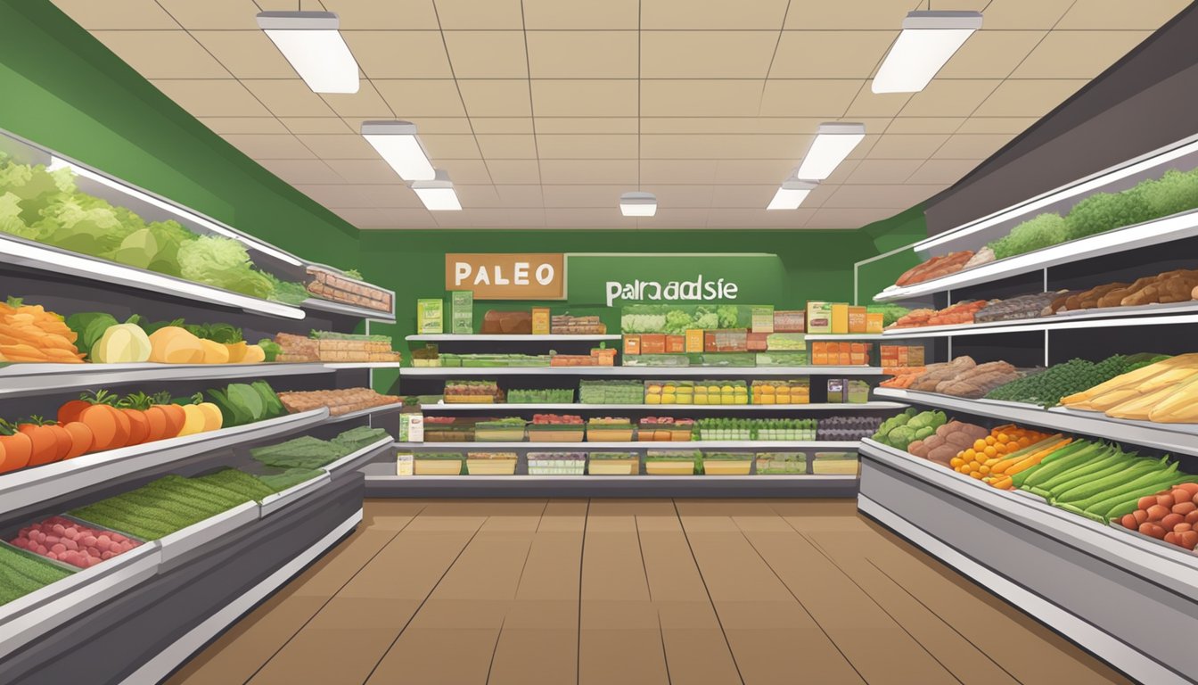 Aisle of fresh produce, shelves stocked with nuts, seeds, and grass-fed meats. Modern grocery store with "paleo paradise" signage