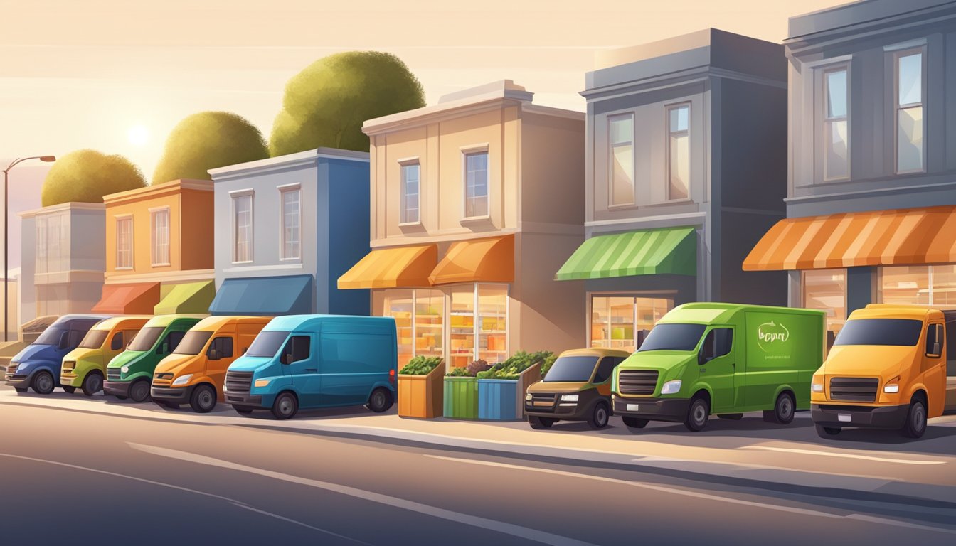 A row of modern grocery stores with delivery trucks parked outside, ready to bring convenience to customers' doorsteps