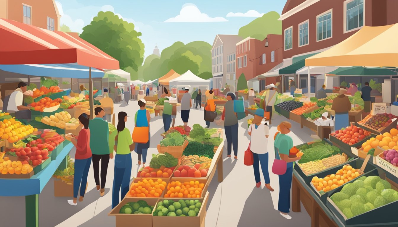 A bustling farmers' market with colorful displays of fresh fruits, vegetables, and artisanal products