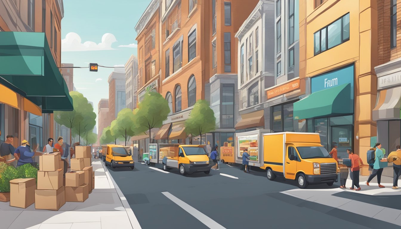 Busy city street with bustling grocery stores and delivery trucks. Customers receive packages at their doorsteps, contributing to local economies