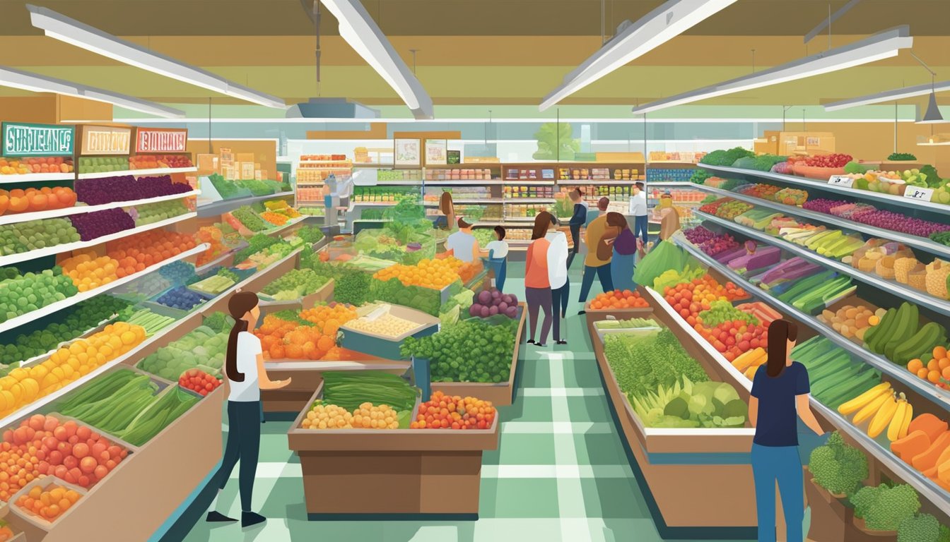 A bustling grocery store with colorful displays of fresh produce, shelves stocked with organic goods, and customers browsing the aisles