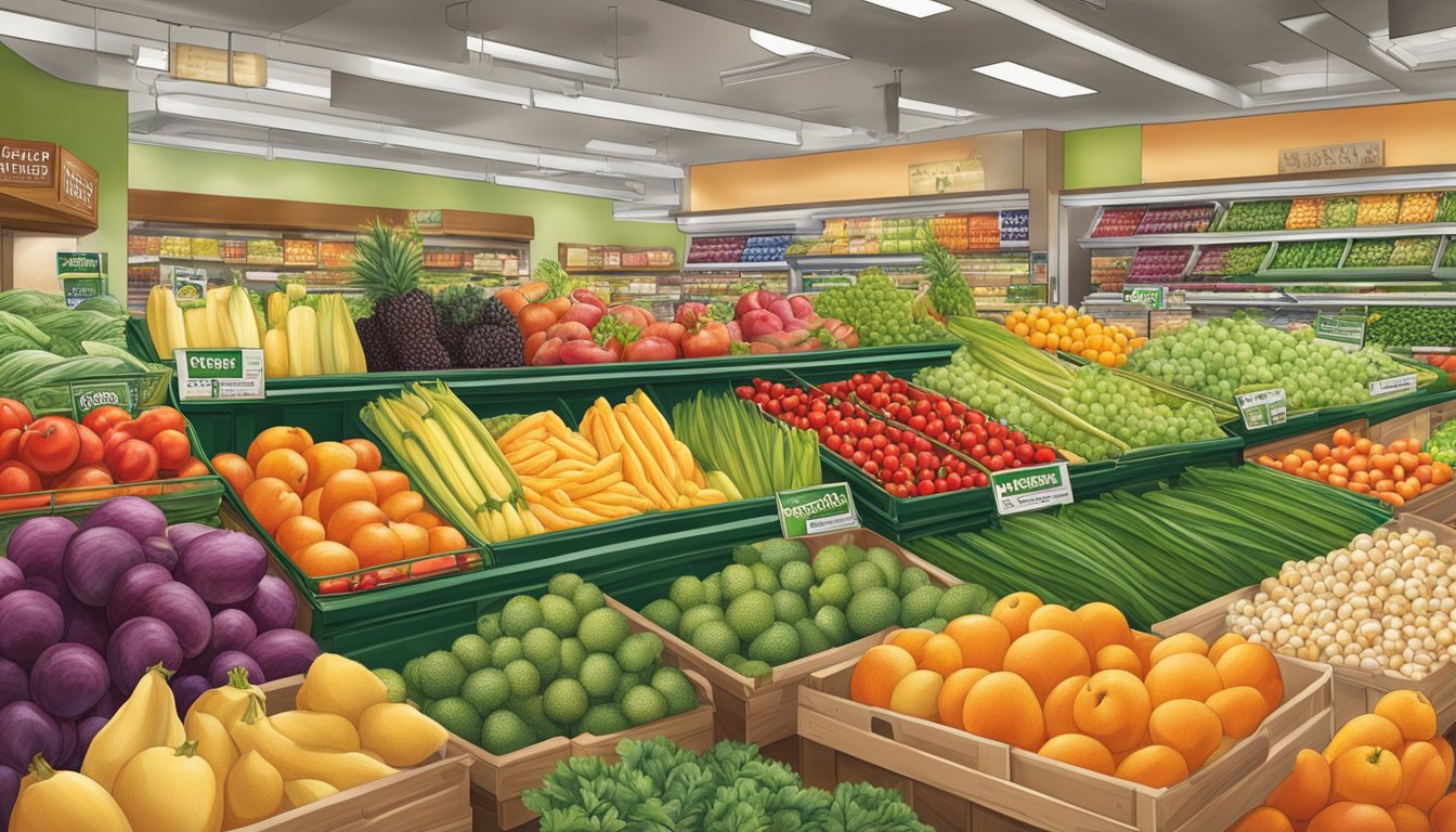 A vibrant display of fresh produce, colorful packaging, and natural products at Sprouts Farmers Market