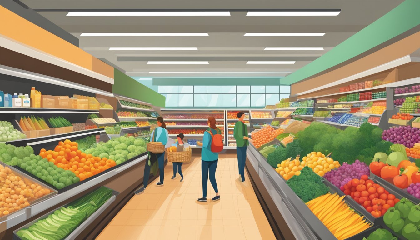 A bustling grocery store filled with colorful displays of fresh produce, shelves stocked with organic goods, and customers browsing the aisles