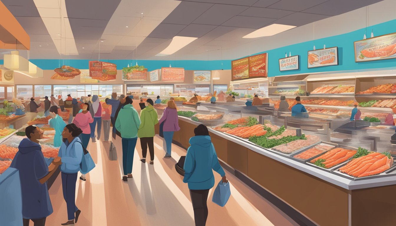 A bustling seafood section with glistening salmon on ice, surrounded by colorful signage and excited customers at Trader Joe's