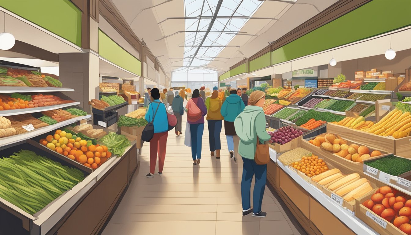 A bustling market filled with colorful displays of fresh produce, artisanal bread, and locally sourced goods. Shoppers browse the aisles, sampling and selecting premium natural and organic food