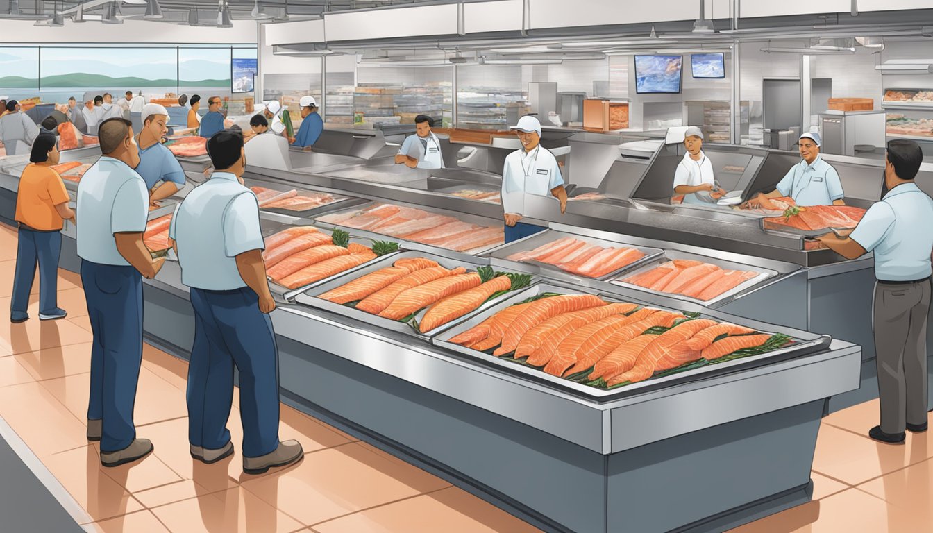 A bustling seafood section at Costco with a display of premium fresh salmon, surrounded by customers and employees