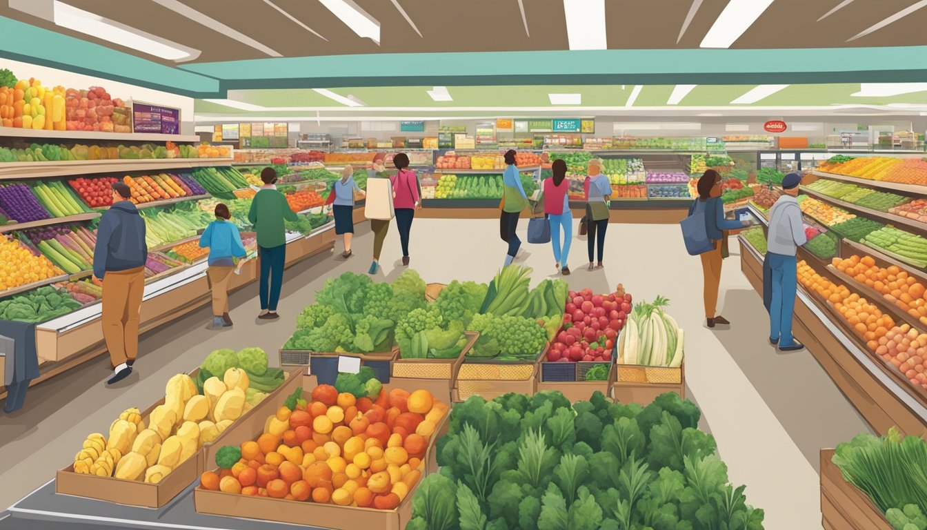 A bustling grocery store filled with colorful displays of fresh produce, organic products, and natural foods, with customers browsing the aisles and chatting with knowledgeable staff