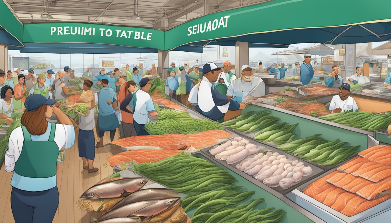 A bustling seafood market with a variety of fresh salmon on display, surrounded by eager customers and a banner announcing Publix as the top grocery store for premium ocean to table seafood