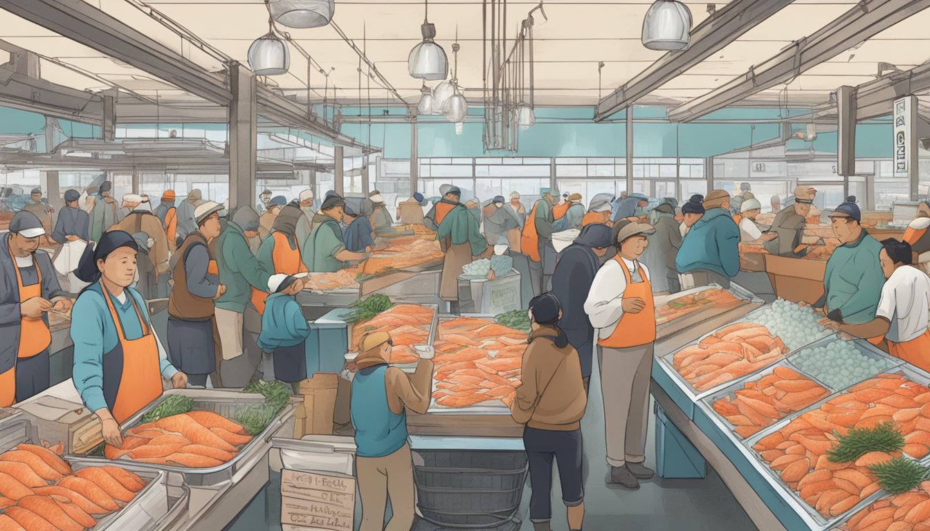 A bustling seafood market with rows of glistening salmon on ice, surrounded by eager customers and a sign reading "Ocean to Table: Fresh Salmon."