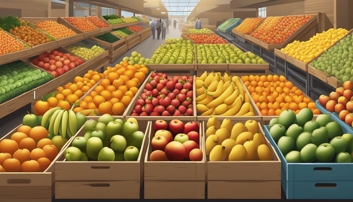 A colorful array of organic fruit, including apples, oranges, and bananas, displayed on wooden crates at a top grocery store