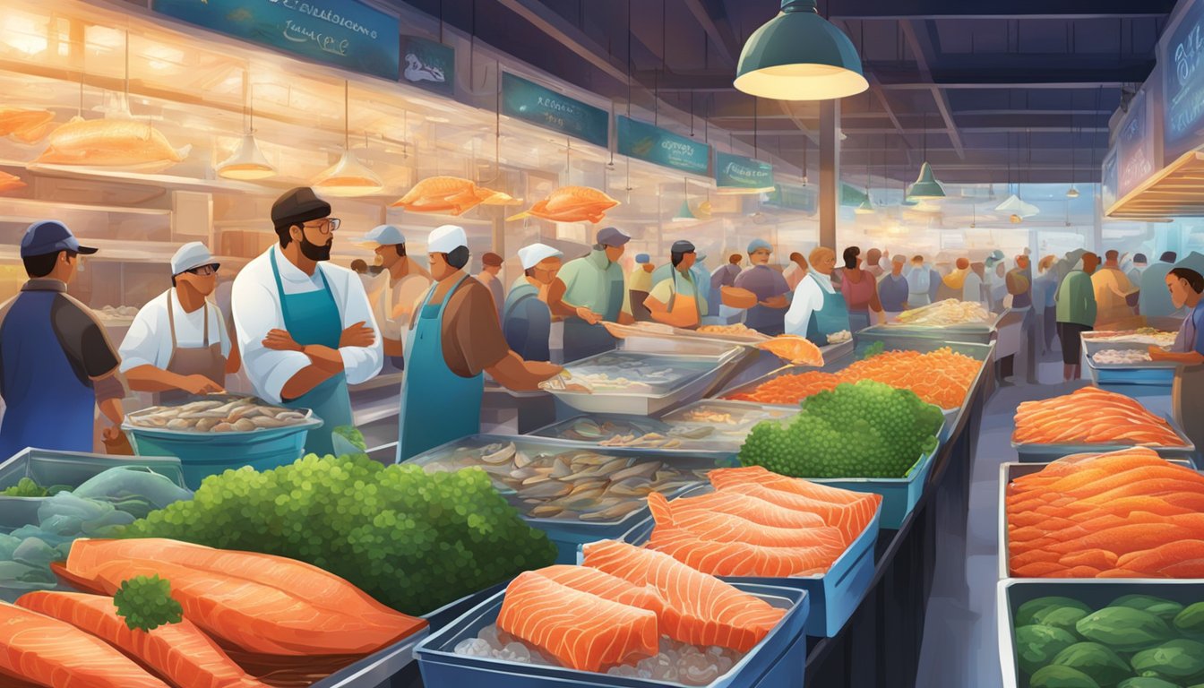 A bustling seafood market with rows of glistening, freshly caught salmon on ice, surrounded by vibrant, colorful signage advertising premium ocean to table concepts