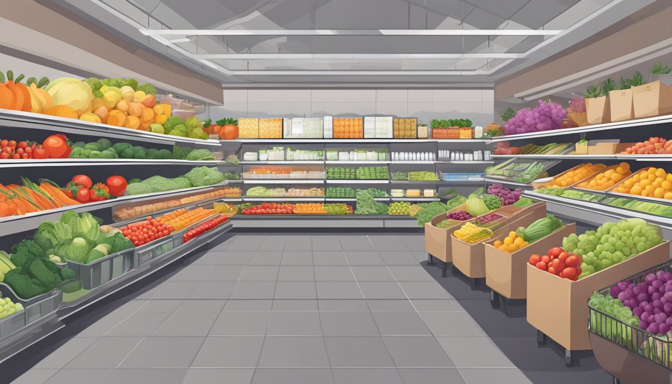 A busy grocery store with colorful produce, neatly organized shelves, and a variety of fresh ingredients for meal prep