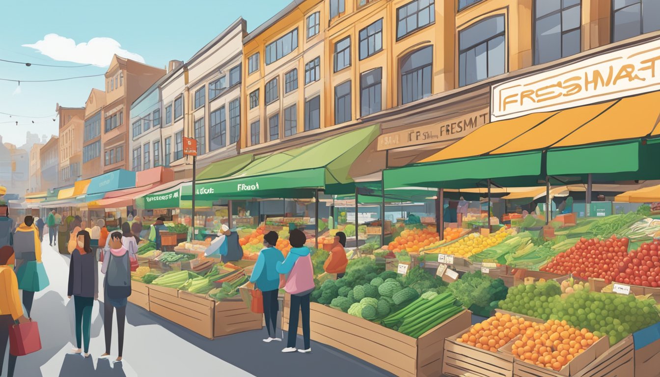 A bustling market with vibrant produce stalls and a sign reading "FreshMart" above a row of potential grocery store names