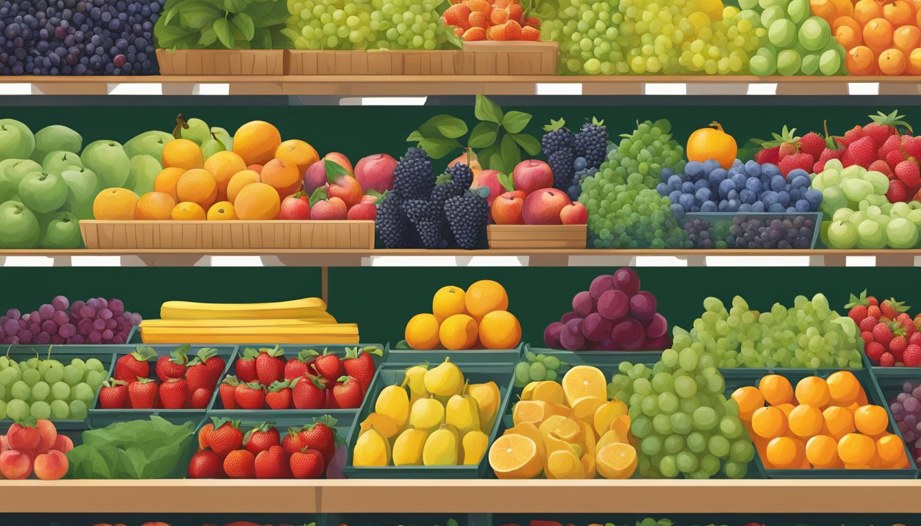 A colorful array of organic fruits fills the shelves at Whole Foods Market, showcasing nature's sweetest bounty