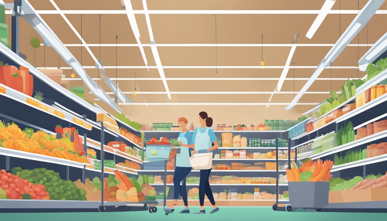 A busy grocery store with neatly organized aisles and shelves stocked with fresh produce, meats, and pantry staples. Shoppers with carts navigate the store, selecting items for meal prep