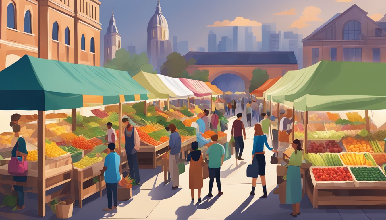 A bustling farmer's market with colorful produce stalls and a vibrant atmosphere, with people browsing and chatting with vendors