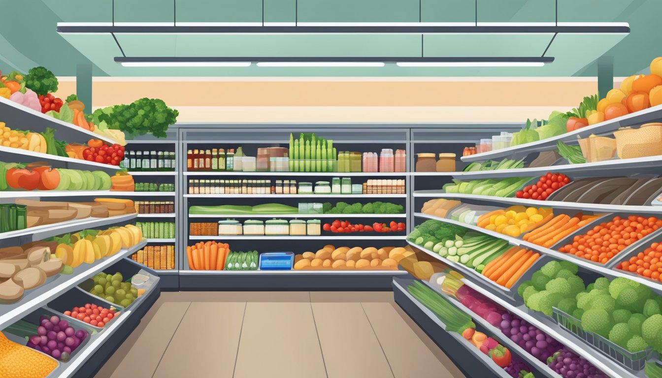 A busy grocery store aisle with neatly organized shelves and colorful displays of fresh produce, pantry staples, and meal prep essentials