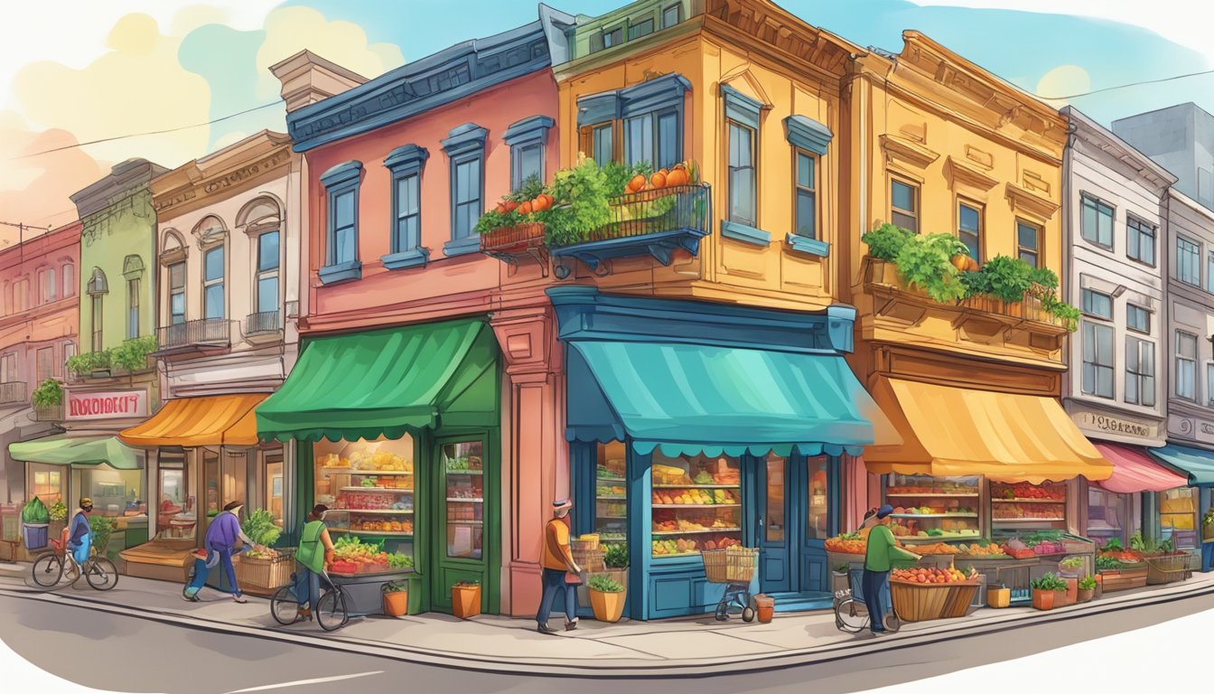 A bustling city street with colorful storefronts and vibrant signage, showcasing a variety of fresh produce and grocery items