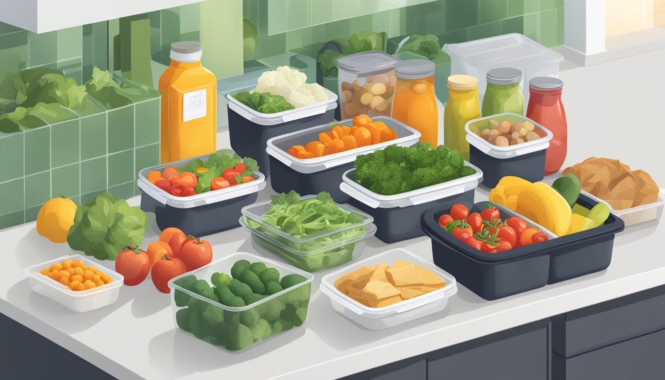 A kitchen counter with organized meal prep containers, fresh ingredients, and grocery bags from top stores