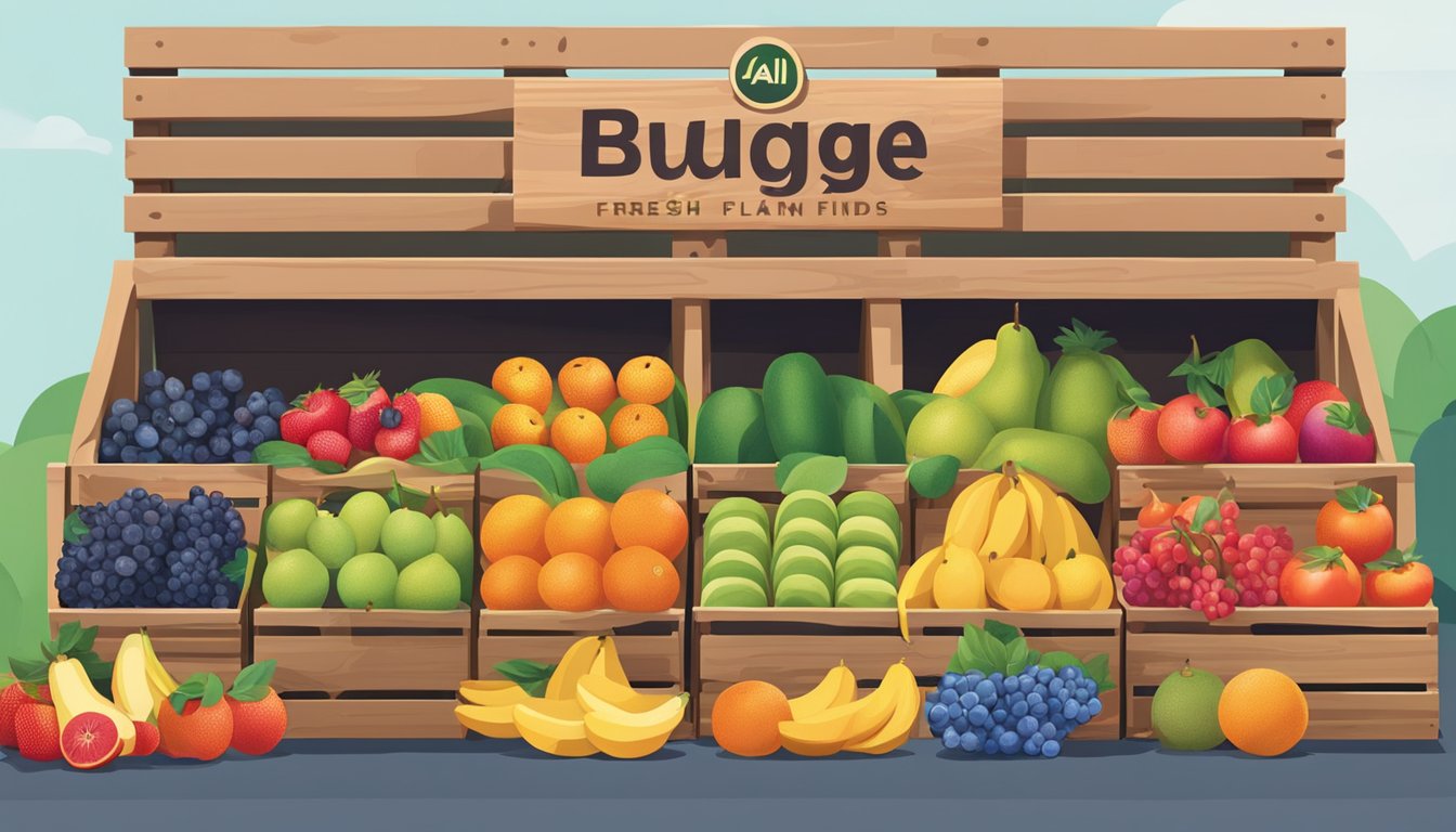 A vibrant display of fresh, colorful fruits arranged neatly on wooden crates, with bright signage showcasing the "Budget-Friendly Fresh Finds" at Aldi