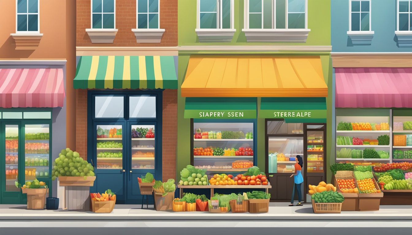 A bustling market street with colorful storefronts and vibrant produce displays, showcasing a variety of unique and enticing grocery store concepts