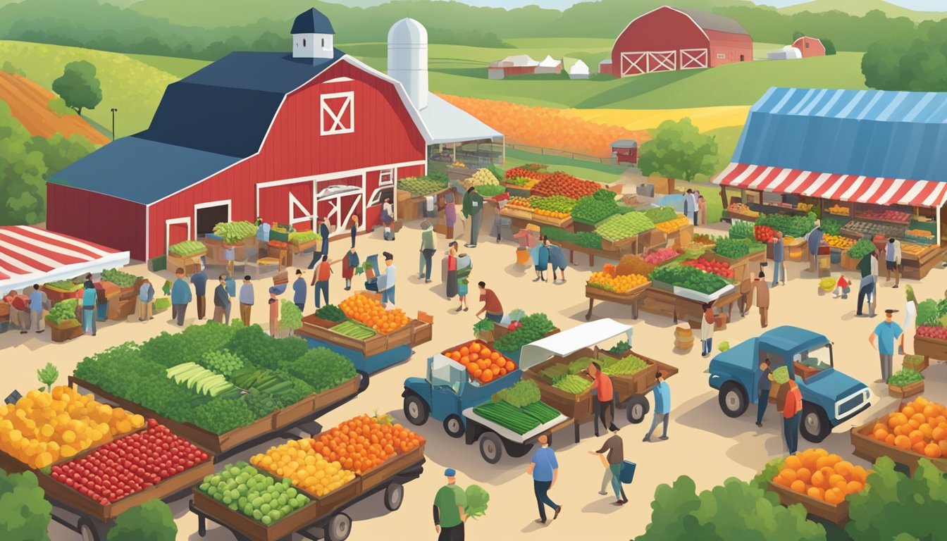 A bustling farmer's market with colorful produce, signage, and busy shoppers, surrounded by rolling fields and barns