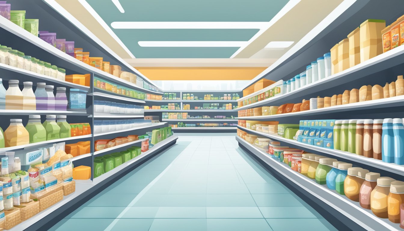 A grocery store aisle filled with shelves stocked with various lactose-free products such as milk, yogurt, cheese, and other dairy alternatives