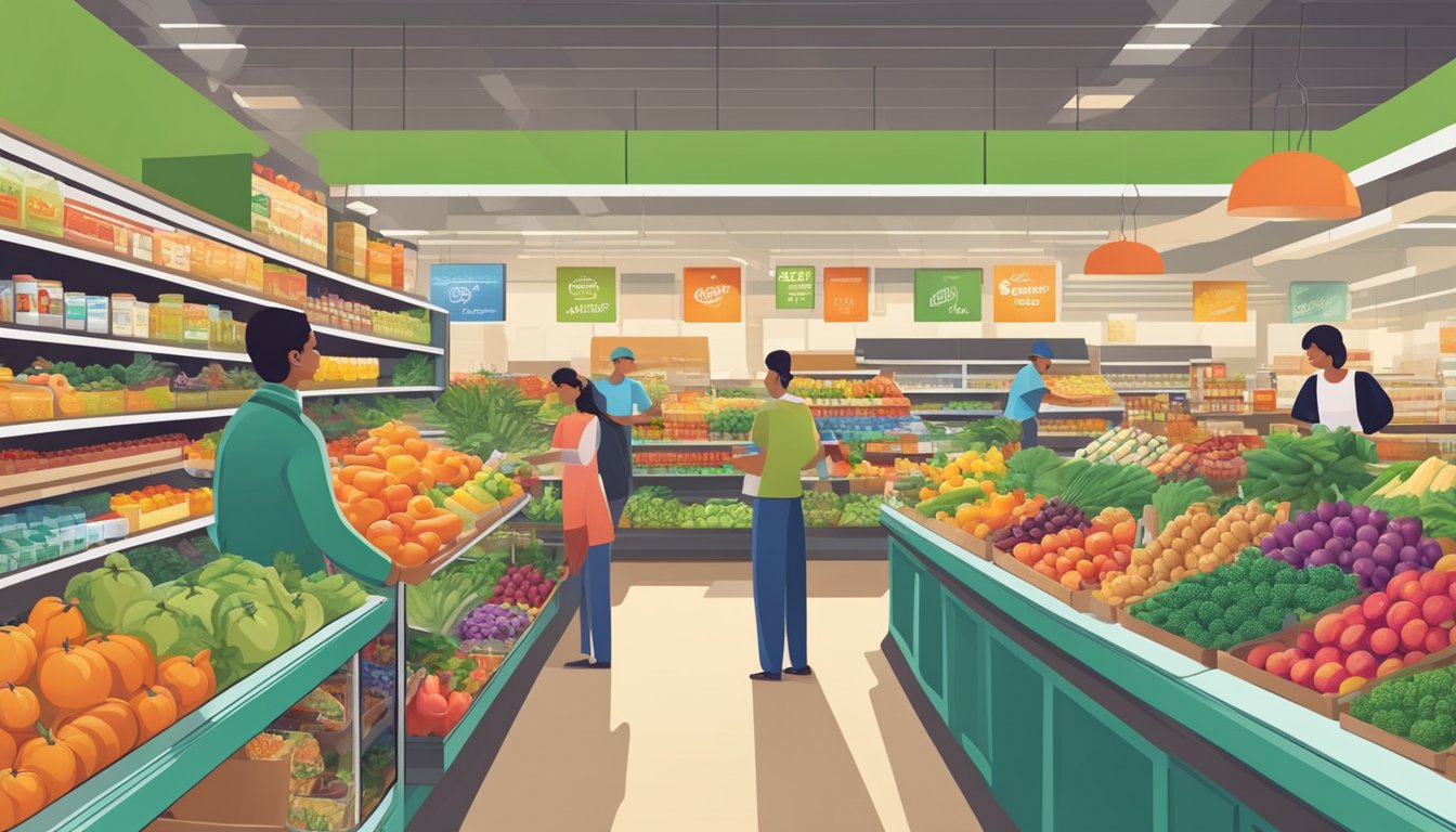 A bustling grocery store with vibrant produce displays and a variety of unique products on the shelves. Customers happily browsing and engaging with friendly staff