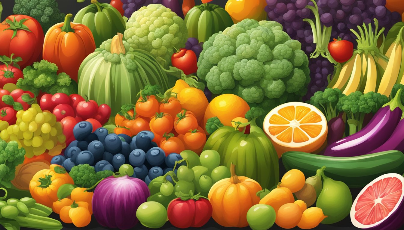 A vibrant display of ripe fruits and vegetables, arranged in an inviting and colorful manner, with the natural beauty of fresh produce on full display