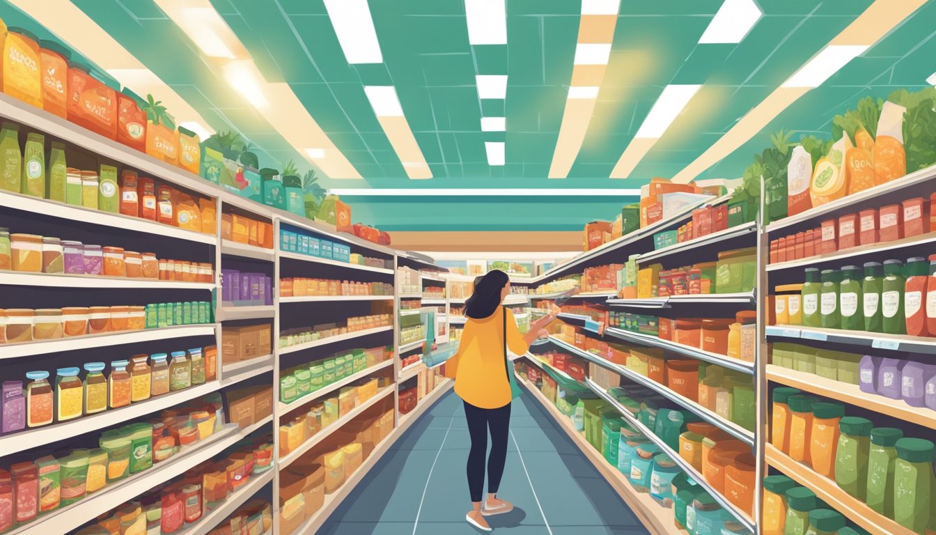 A woman browsing shelves of colorful Fody Low FODMAP Salsa at a well-lit grocery store, surrounded by various low FODMAP foods