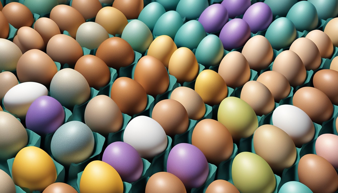 A carton of Trader Joe's Cage-Free Eggs sits among a variety of colorful farm-fresh eggs, with a spotlight shining on it, symbolizing its top-ranking status