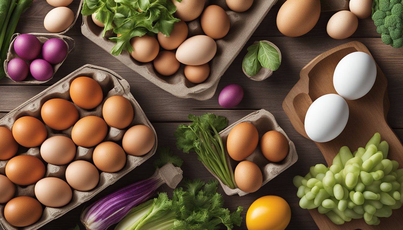 A carton of Publix GreenWise Organic Eggs sits on a rustic wooden table, surrounded by colorful farm-fresh eggs and a variety of fresh produce